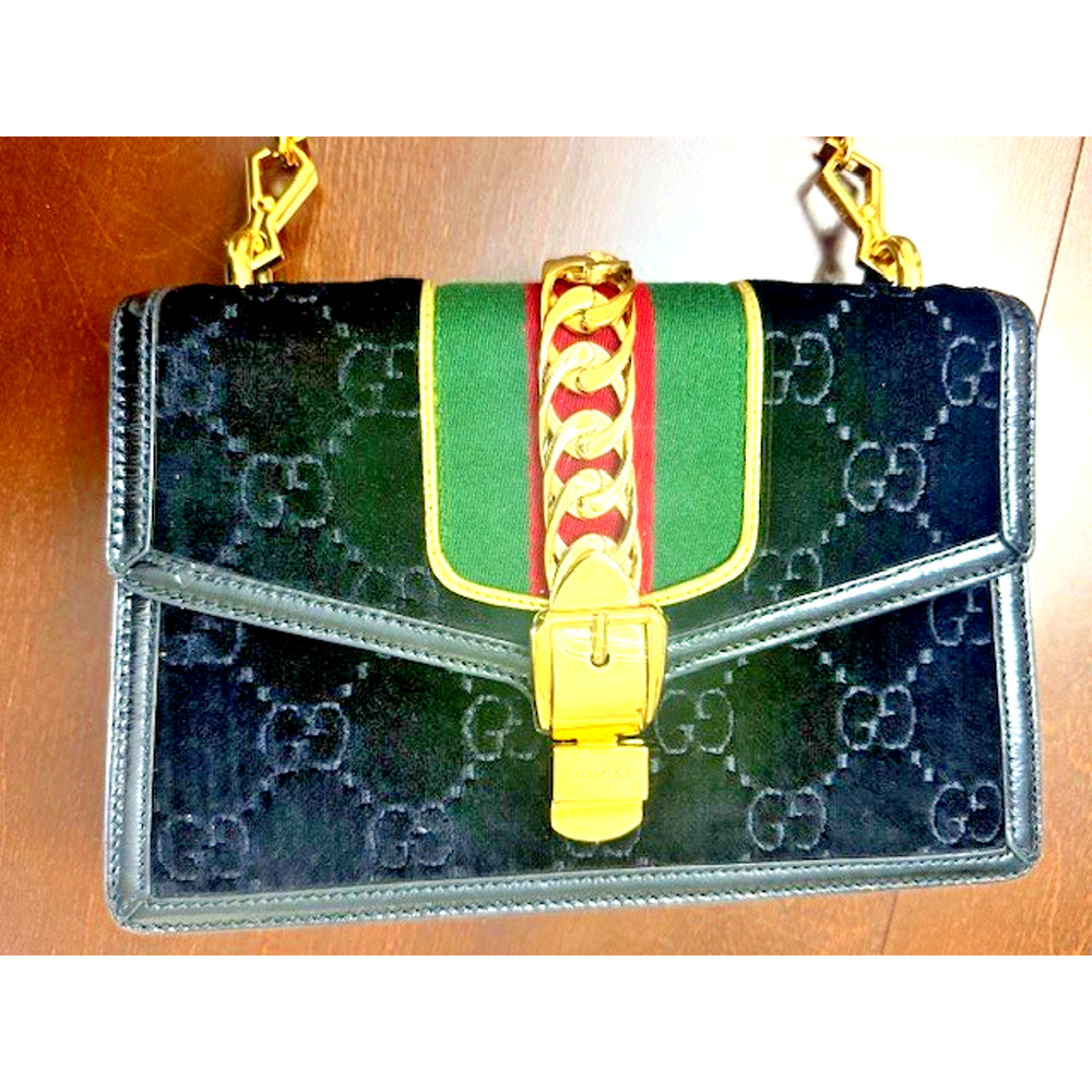 Gucci Black Gold GG Monogram Velvet Sylvie Small Shoulder Crossbody Bag GORGEOUS - Picture 3 of 16